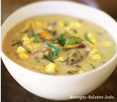 Рецепт вкусного кукурузного супа из мидий сливок и бекона