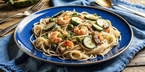 Вкусный рецепт спагетти с креветками и овощами
