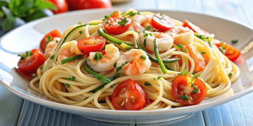 Спагетти с креветками, цуккини и помидорами: видео рецепт