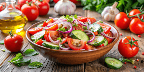 Свежий салат с помидорами, огурцами и луком: легкий рецепт