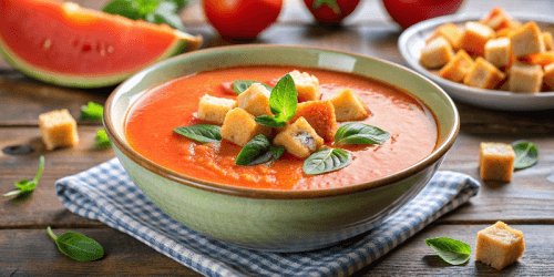 Холодный томатный крем-суп с Феллини, дыней и гренками: пошагово